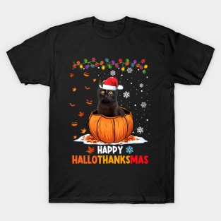 Black Cat On Pumpkin Happy Hallothanksmas T-Shirt